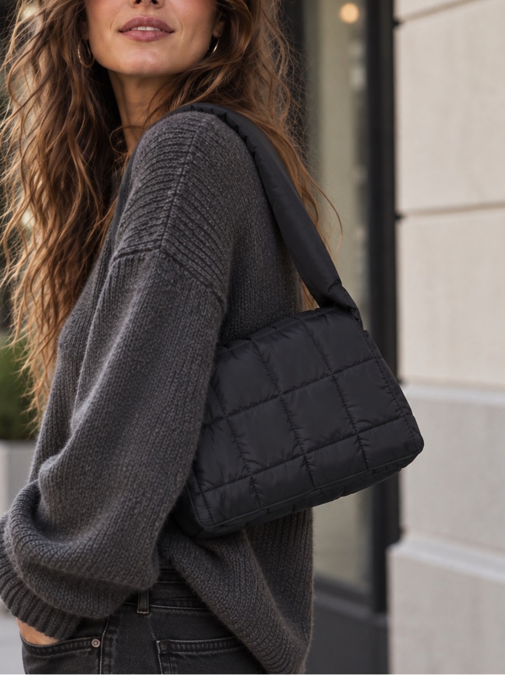 Black Puffer Shoulder Bag Quilted Nylon Puffy Y2K Minimalist Streetwear Purse